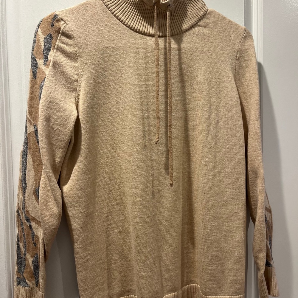 Women's Beige Cowl Neck Sweater with Gray Accents